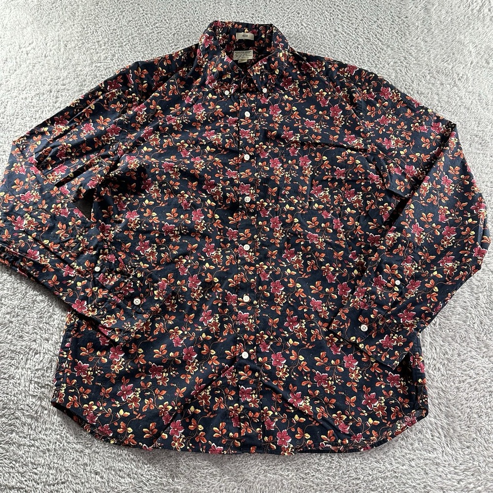 J.Crew Pattern Shirt Mens XL Floral AOP‎ Navy Blue Slim Organic Cotton Dress